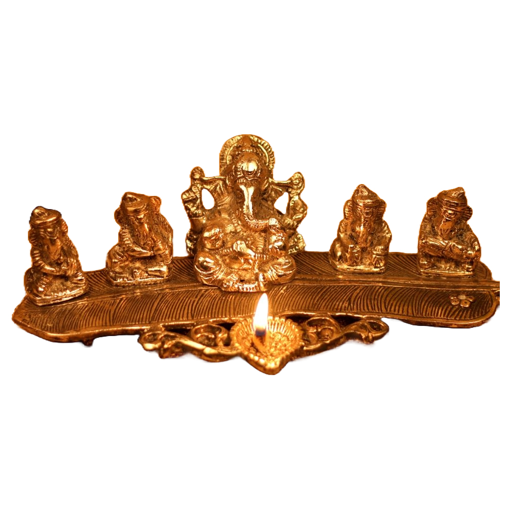 Metal Oxodised 5 Lord Ganesh on Banana Leaf with Diya, Showpiece for Home Office Table Gift Item